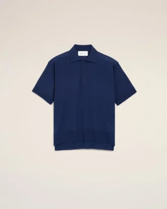 Blå, tynn ull-Polo med korte ermer og Ami de Coeur Polo