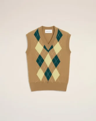 Brun ærmeløs genser i ull og bomull med argyle-intarsia