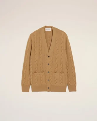 Brun cardigan i ull og bomull med kabelmønster