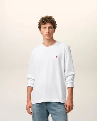 Hvit bomulls-T-skjorte med lange ermer og Red Ami de Coeur-broderi